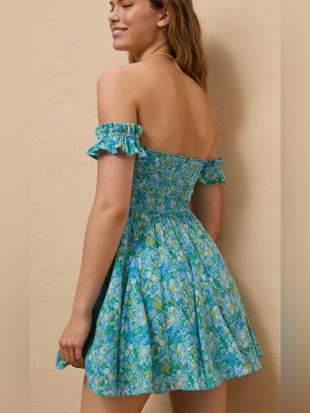 American Eagle Blue/Green/White Floral Smocked Off Shoulder Fit & Flare Dress M